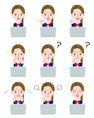 パソコンを使う女子学生のイラストセット