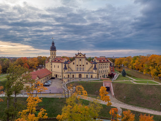 Fototapeta na wymiar The sunset and clouds over the Nesvizh Palace. Drone aerial photo