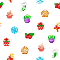 Seamless pattern with icons of Happy New Year and Christmas Day on white background