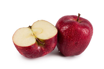 Whole and sliced red ripe apples, perfect isolate on a white background, design blank.