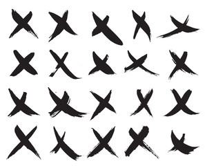 X Marks Icons. Collection of 20 Black Hand Painted X Signs Isolated On a White Background. Vector Illustration