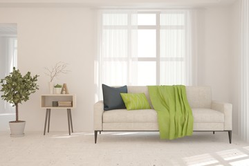 Stylish room in white color with sofa. Scandinavian interior design. 3D illustration