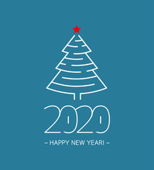 Happy New Year 2020 lettering with Christmas tree labyrinth. Greeting card for gifts, banners, tags, etc.