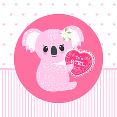 Koala girl with heart on pink background. Invitation card template design for baby shower party. Vector