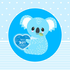 Koala boy with heart on blue background. Invitation card template design for baby shower party. Vector