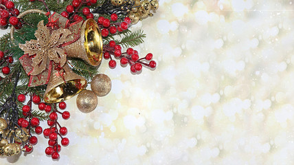 Christmas and New Year background with bokeh lights, for branches with decorations in snow flakes, place for text. New Year card for congratulations, selective focus, banner