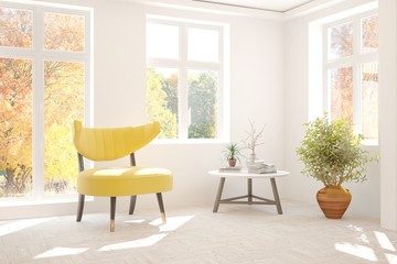 Fototapeta na wymiar White stylish minimalist room with armchair and autumn landscape in window. Scandinavian interior design. 3D illustration