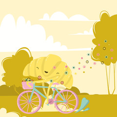 Naklejka premium happy yellow croissant riding a bicycle, exudes happiness and joy in the form of bubbles 