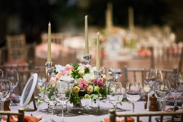 A luxurious covered table for the holiday in an expensive restaurant.
