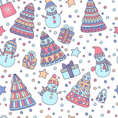 Seamless pattern with Christmas trees and snowmen