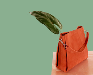 Orange suede bag and monstera leaf on beige table over pale green background isolated