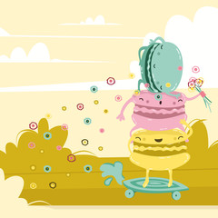 happy macarons skate in the park, vector illustration, flat style