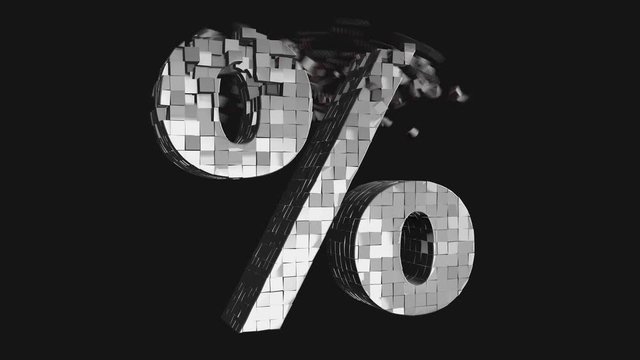 Percentage sign animation - build and destroy percent symbol from metallic cubes, 3D letter animation on dark and chroma key green screen background in 4K	