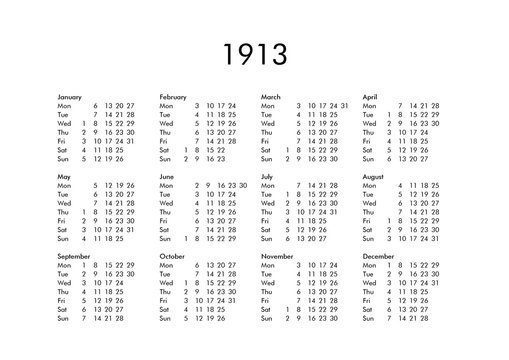 Calendar of year 1913