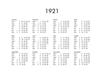 Calendar of year 1921