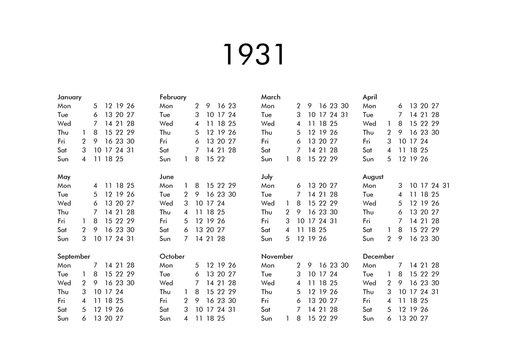 Calendar of year 1931