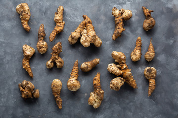 Fresh jerusalem artichoke roots top view