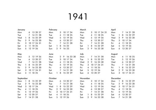 Calendar of year 1941