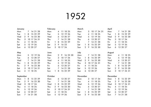 Calendar of year 1952