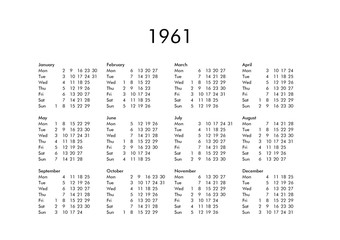 Calendar of year 1961