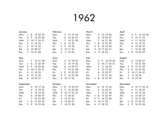 Calendar of year 1962
