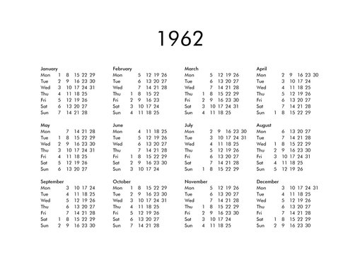 Calendar of year 1962