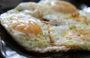Roasted eggs on the black plate and dill over closeup