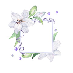 Frame of white lilies 2. Watercolor illustration. Hand drawing. Decorative item suitable for Wallpaper, wrapping paper and backgrounds, postcards and wedding invitations