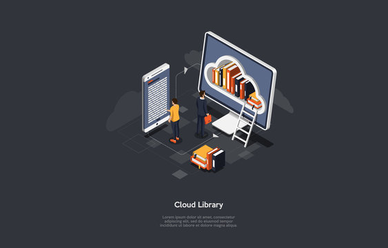 Isometric cloud library concept. Technology and literature. Digital ibrary web banner.