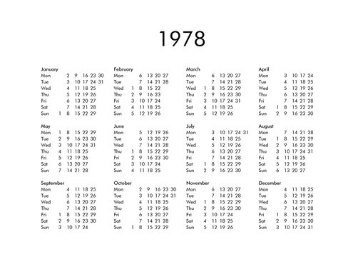 Calendar of year 1978