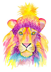 Obraz premium Watercolor lion in a knitted yellow hat isolated on white background. Hand painted animals illustration. 