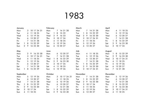 Calendar of year 1983
