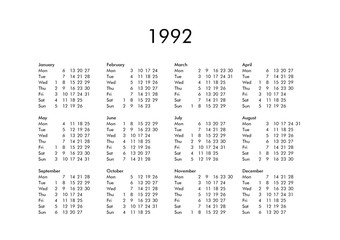 Calendar of year 1992 - obrazy, fototapety, plakaty