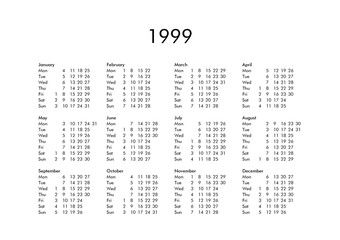 Calendar of year 1999