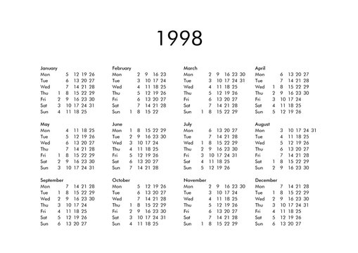 Calendar of year 1998