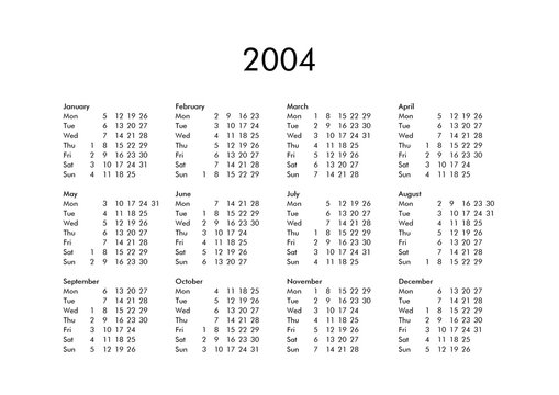 Calendar of year 2004