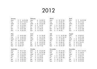 Calendar of year 2012