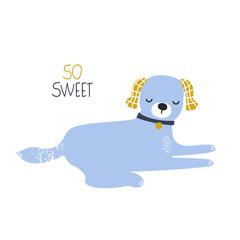 Sleeping blue dog and quote. KIds graphic. Vector hand drawn illustration.