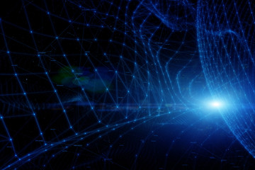 Network cyberspace sphere with lines and dots copy space illustration background. View from space. Selective focus used. 