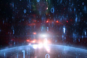 Fototapeta premium Artistic binary numbers network in abstract universe. Copy space illustration background.