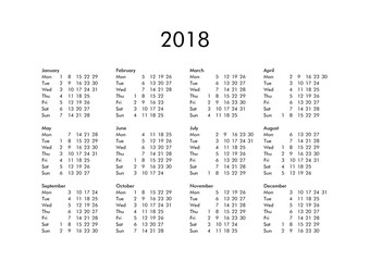 Calendar of year 2018