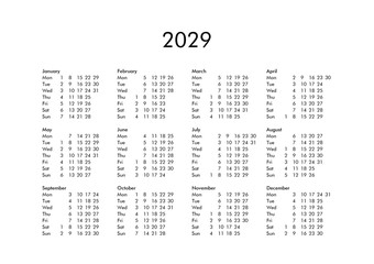 Calendar of year 2029
