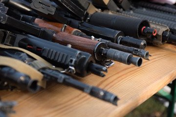 weapons, AK74 submachine guns lying on the table