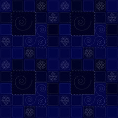 Blue Christmas seamless pattern with white snowflakes and spirals. Looks like patchwork with embroidery. Good for paper napkins, decorative paper, tablecloth.