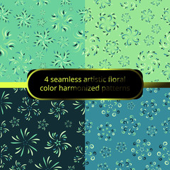 4 Seamless patterns collection set floral elegant abstract color harmonized repeat endless backgrounds