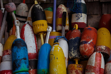 Colorful lobster buoys in New England - 300442280