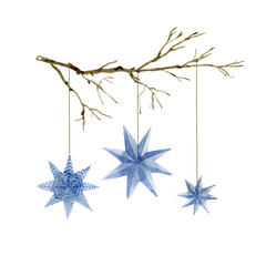Obraz premium Watercolor illustration of Christmas blue stars decoration elements on the branch. Hand-drawn illustration on the white background