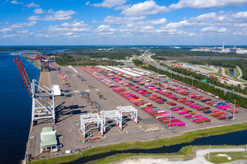 Aerial view of shipping port terminals in Jacksonville Florida.