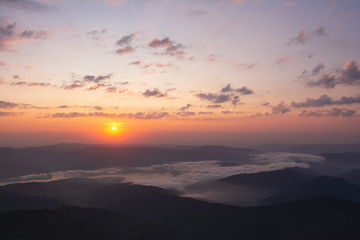 Beautiful sunrise in Carpathian mountains. Ceahlau National Park, Romania