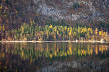 Trees are changing their color from green to red, orange and yellow in autumn. The reflection of this colorful ensemble in the lake is a stunning mirror image.